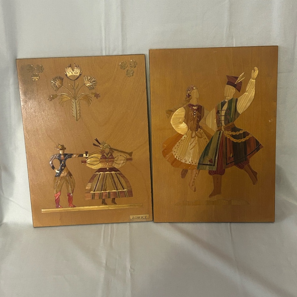 Vintage Polish Straw Marquetry Folk Art Panel, Traditional Dancing Set of 2